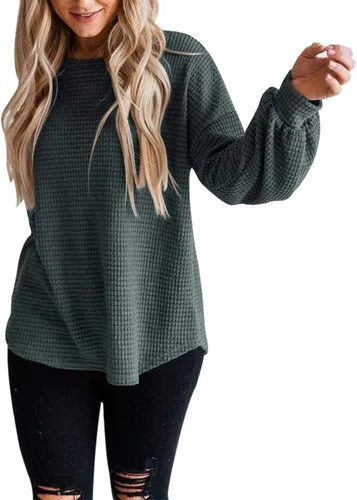 Vista 2 de Merokeety Suéter para mujer con mangas largas globo, tejido de punto gofre, holgado, cuello redondo, sin botones