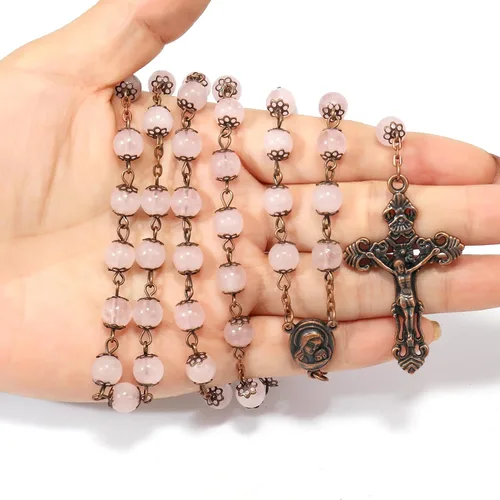 Vista 7 de Nazareth Store Rosario de diseño vintage con cuentas de piedra natural, collar de 0.315 in, medalla de suelo santo y cruz crucifijo rosarios