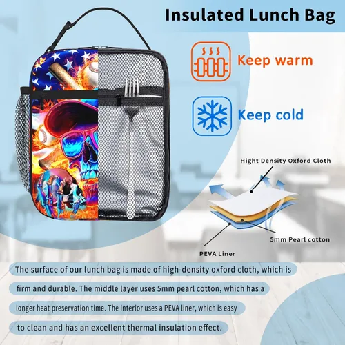 Vista 3 de Lonchera de béisbol para niños, con aislamiento, con diseño de calavera y béisbol, lonchera para niños, escuela, trabajo, oficina, viajes, picnic