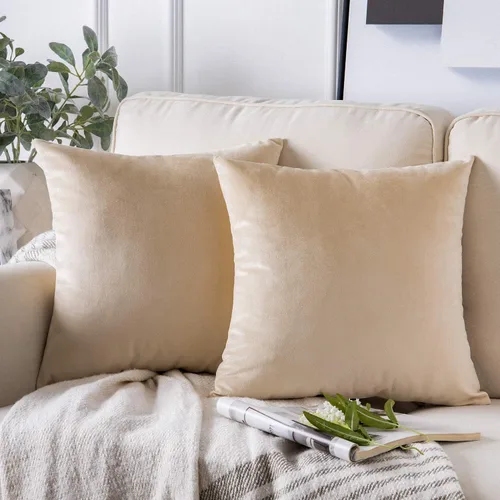 Vista 45 de Phantoscope Paquete de 2 fundas de almohada decorativas de terciopelo suave y cuadrado para sofá, color beige, 18 x 18 pulgadas, 17.7 x 17.7 in