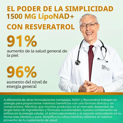 Vista 8 de Suplemento NAD 1500mg - NAD+ Liposomal Nicotinamida Ribósido con Resveratrol, NAD Plus Potenciador - Apoyo para la Salud Celular, Resistencia