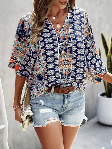 Vista 3 de SOLY HUX Women's Boho Print V Neck 34 Bell Sleeve Button Front Summer Blouse Top