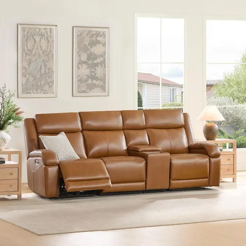 Vista 34 de Watson & Whitely Sofá reclinable eléctrico de piel auténtica, sofás reclinables de pared de 3 plazas con consola de almacenamiento, reposacabezas