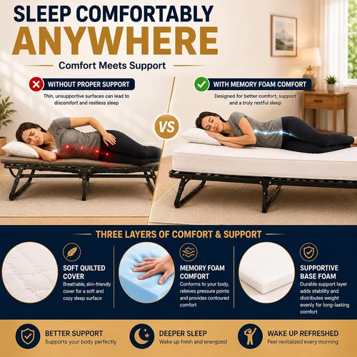 Vista 7 de Greaton, 14″ High Folding Guest Bed with 3″ Memory Foam Mattress – Sturdy Metal Frame, Easy Access for Seniors, Underbed Storage, Comfortable Bed