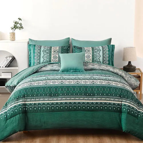 Vista 38 de Cottolester - Juego de edredón bohemio de tamaño matrimonial, 8 piezas, ropa de cama de microfibra suave en una bolsa, rayada y de color aguamarina