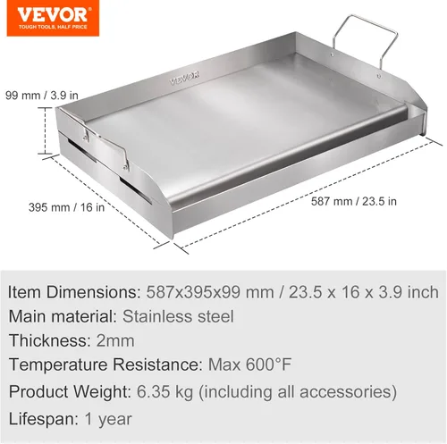 Vista 7 de VEVOR Plancha de acero inoxidable, plancha pre-sazonada de 23.5 x 16 pulgadas, sartén rectangular de doble quemador, sartén familiar antiadherente