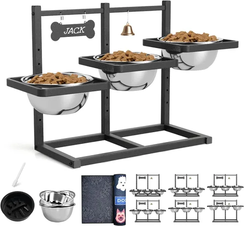 Vista 8 de Cuencos elevados para perros grandes, soporte elevado de 6 alturas ajustables con paspartú, dos tarjetas distintivas y tres cuencos de 57.5 fl oz