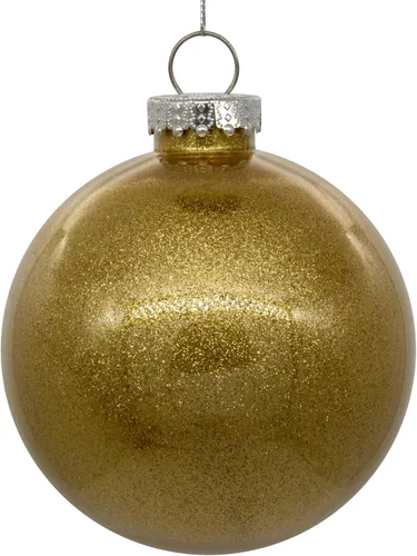 Vista 6 de Vickerman Adorno navideño de bola transparente de 3 pulgadas con interior de purpurina dorada antigua. Oro envejecido