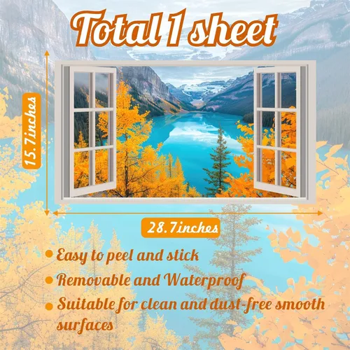 Vista 4 de Calcomanías de pared 3D de naturaleza falsa para ventanas, bosque de otoño, árbol, murales de pared, calcomanías para despegar y pegar, calcomanías