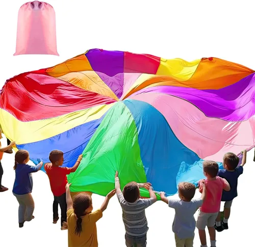 Vista 8 de Arrowbash Juega paracaídas, gran paracaídas arcoíris con asas, tienda de campaña de juguete multicolor cooperativa, juegos de juego en grupo
