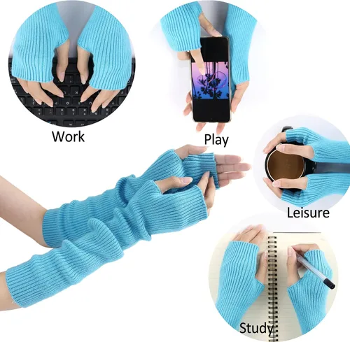 Vista 14 de Facecozy Calentadores de brazos para mujer, mezcla de lana de cachemira, guantes largos sin dedos para mujer, guantes para clima frío con agujero