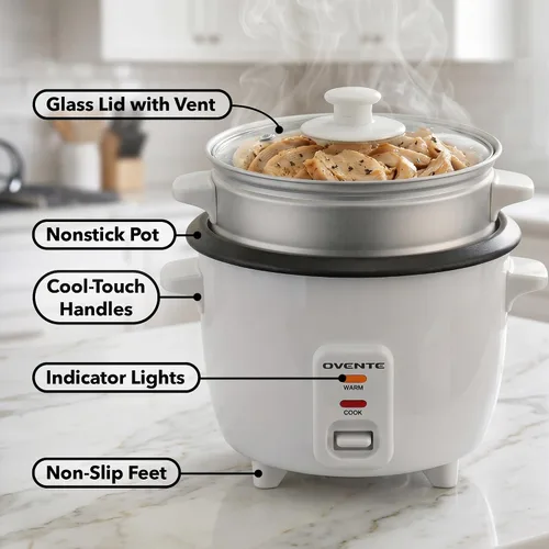 Vista 3 de OVENTE - Olla arrocera eléctrica y vaporizador de alimentos – Capacidad de arroz de 5 tazas, olla extraíble antiadherente, función de mantener