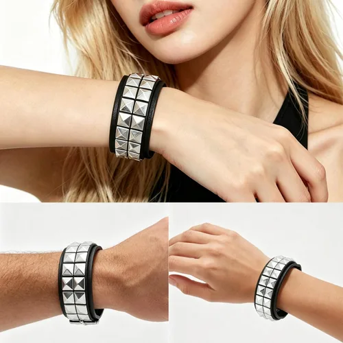 Vista 6 de Pulsera con tachuelas, pulseras de roca, 1 pieza de pulsera de cuero gótico de rock negro emo, punk, gótico, remache, brazaletes, accesorios