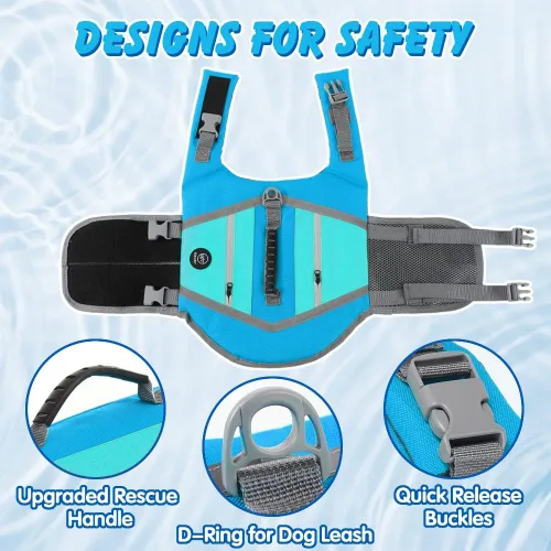 Vista 4 de EMUST Chaleco salvavidas para perro, chaqueta ligera con bolsillos, elegante preservador con asa de rescate y rayas reflectantes para nadar