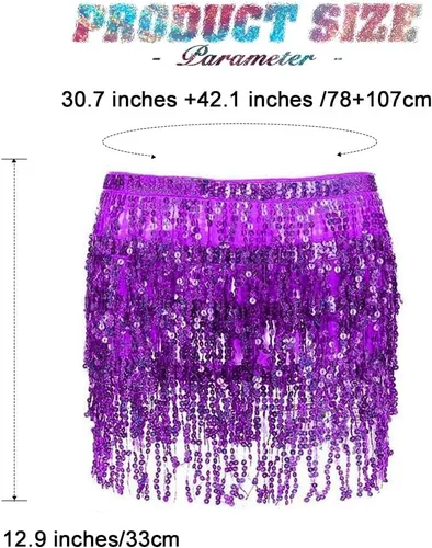 Vista 2 de REETAN Falda Boho para danza del vientre con lentejuelas, mascada de cadera con flecos y borlas falda para fiestas, bailes,actuaciones y disfraces