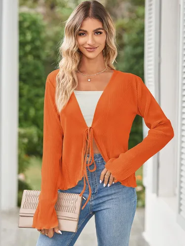 Vista 4 de ZAFUL Blusa plisada de manga larga con cuello en V profundo y lazo frontal para mujer