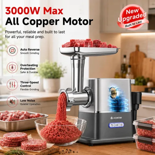 Vista 4 de AAOBOSI Picadora de carne eléctrica de 3000 W máx. con motor de CC silencioso de 60 dB, empujador de alimentos con inversión automática