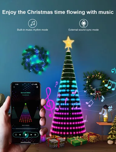 Vista 7 de Super RGB Luces inteligentes para árbol de Navidad de 6 pies, 400 LED, luces de árbol de Navidad que cambian de color con anillo y estrella