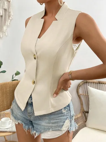 Vista 4 de Milumia Chaleco de cuello con muescas para mujer, chaqueta de trabajo sin mangas con un solo pecho