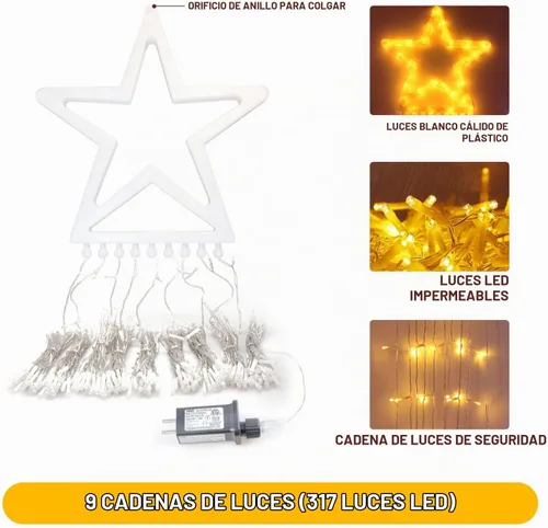Vista 5 de Guirnalda de luces de Navidad en cascada con 317 luces LED de estrella colgantes centelleantes de cortina de hadas para fiesta, boda, patio Blanco