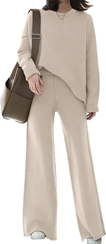 Vista 11 de ETCYY NEW Conjunto elegante de ropa de descanso para mujer, conjunto de sudadera de punto de 2 piezas con suéter y pantalones deportivos de pierna
