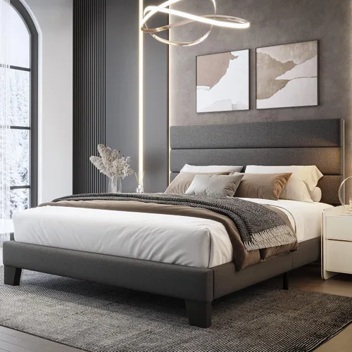 Vista 12 de WEEWAY Base de cama tamaño individual con cabecera tapizada de tela de lino y soporte de listones de madera, base de colchón resistente, no necesita