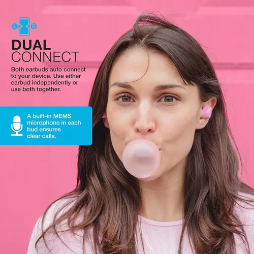 Vista 5 de JLab Go Air Pop+ Auriculares Bluetooth inalámbricos verdaderos en color rosa más puntas de auriculares mnemónicos de espuma de nube