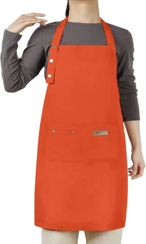 Vista 8 de Hongsome Delantal ajustable con botones para mujeres y hombres, artistas, pintura, cerámica, jardín, cocina, chef, 3 bolsillos, impermeable, M-XXL