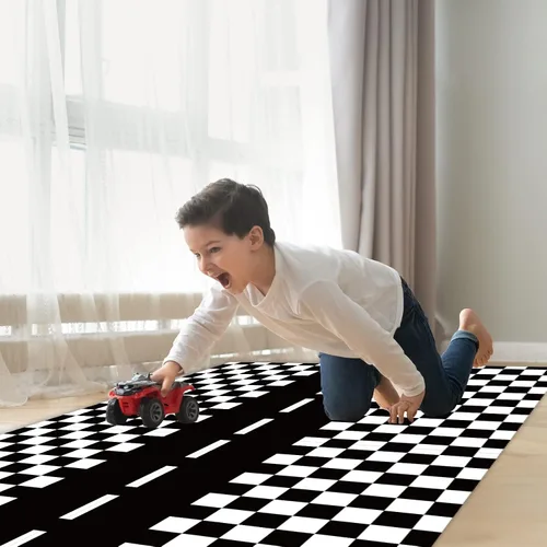 Vista 5 de Mantel de plástico de 3 piezas con dos decoraciones de cumpleaños rápido, con bandera a cuadros, funda de mesa desechable para niños