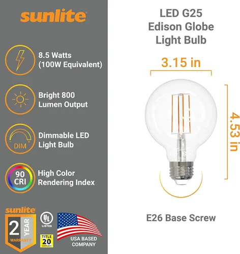 Vista 2 de Sunlite 81124 Bombilla LED G25 Edison Globo, 8.5 vatios (100 W = ), base E26 media, 800 lúmenes, regulable, vidrio transparente, filamento largo