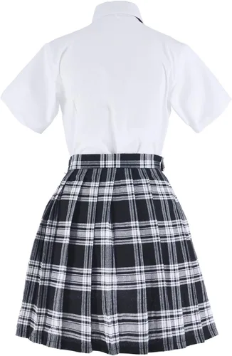 Vista 7 de Uniforme escolar japonés de tartán con falda plisada para cosplay con calcetines y set de montura de gafas