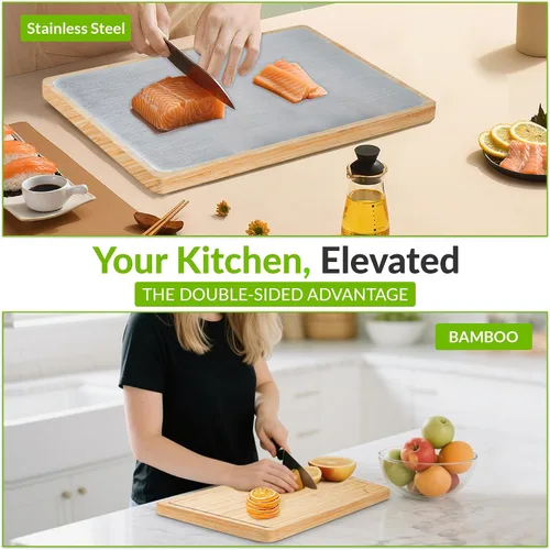 Vista 5 de GR Kraft - Tablas de cortar de doble cara de acero inoxidable y bambú, no tóxicas, duraderas, con diseño apto para cuchillos, sin microplásticos