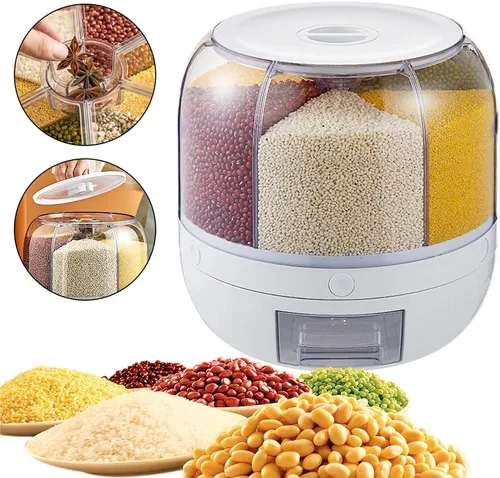 Vista 4 de Dispensador de arroz, dispensador giratorio de alimentos secos de 6 rejillas, cubo dispensador de granos, recipientes para almacenamiento