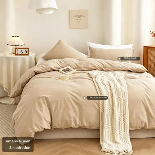Vista 2 de ECOCOTT Funda de edredón tamaño Queen, 100 % algodón lavado, 1 funda de edredón con cremallera y 2 fundas de almohada, ultra suave y de fácil Beige