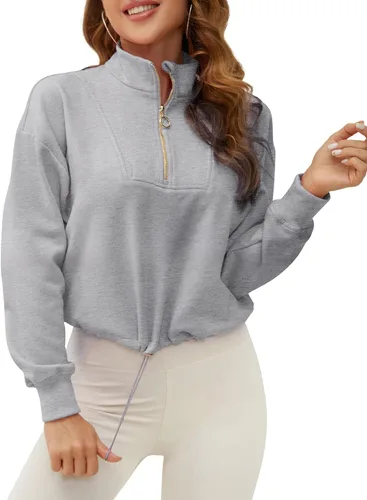 Vista 2 de SILKWORLD Sudadera corta con cremallera de un cuarto para mujer, manga larga, cuello alto, cordón ajustable, con bolsillos