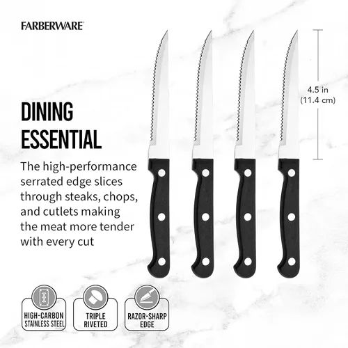 Vista 2 de Farberware Juego de cuchillos para carne de acero inoxidable de alto carbono con triple remache, 4 piezas, negro