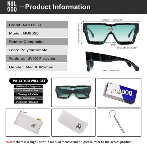 Vista 6 de NULOOQ Gafas de sol retro millonario para mujeres y hombres vintage a la moda parte superior plana marco grueso cuadrado estilo hip hop