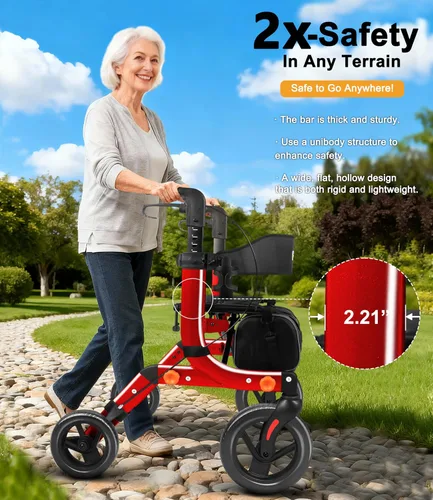Vista 8 de Andador ligero con asiento para personas mayores, andador plegable con neumáticos grandes todo terreno a prueba de pinchazos, altura ajustable