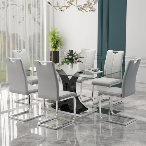 Vista 22 de Juego de comedor moderno de vidrio de lujo de 5 piezas, juego de cena rectangular minimalista grande para 4, juego de mesa de cocina de vidrio