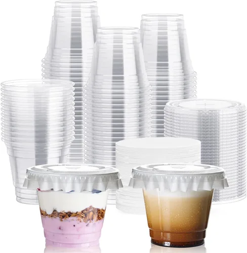 Vista 11 de JOLLY CHEF 200 juegos de vasos de plástico transparente de 9 onzas con tapas de cúpula y forros de papel, vasos de postre de plástico con tapas