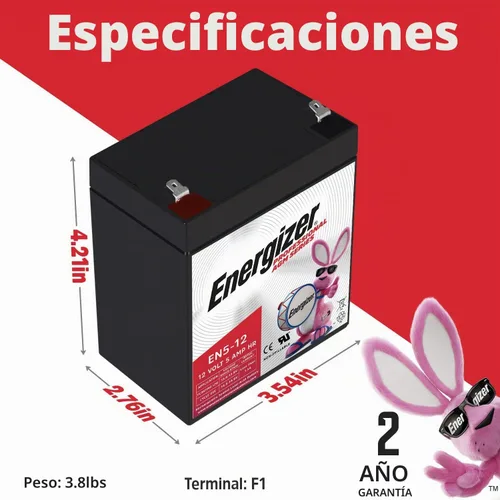Vista 2 de Energizer EN5-12, 5 Amp Hr 12 V, batería recargable de plomo ácido sellada AGM de larga duración, ideal para uso en puertas de garaje, paneles