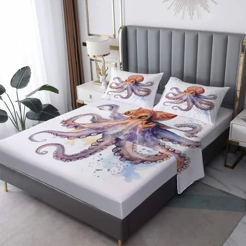 Vista 11 de Octopus Sheets - Juego de sábanas de tamaño individual, sábanas de microfibra suave, bolsillo profundo, sábanas y fundas de almohada estampadas sin