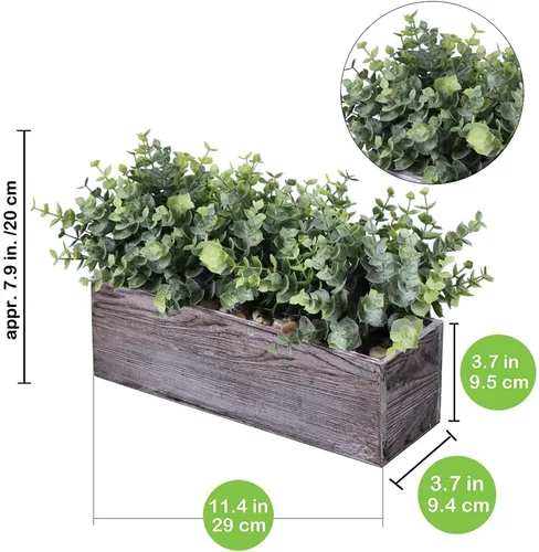 Vista 2 de Winlyn Plantas de eucalipto sintético en maceta de madera rectangular rústica, arreglo de vegetación de eucalipto artificial, planta en maceta