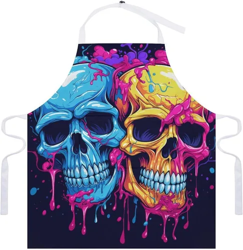 Vista 7 de Personalized Two Different Skulls Adult Apron, Kitchen Cooking Aprons for Woman Man, Adjustable Bib Apron with Pocket for Baking, BBQ Crafting