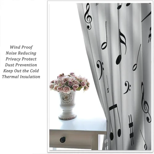 Vista 5 de Cortinas de notas musicales, blanco y negro, instrumento musical, canción, arte de canción, opacas, para ventana, dormitorio, sala de estar