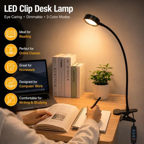 Vista 3 de Lámpara de escritorio USB con clip con 3 modos de color, brillo ajustable, cuello de cisne, temporizador de 1 minuto, luz de libro para leer libro