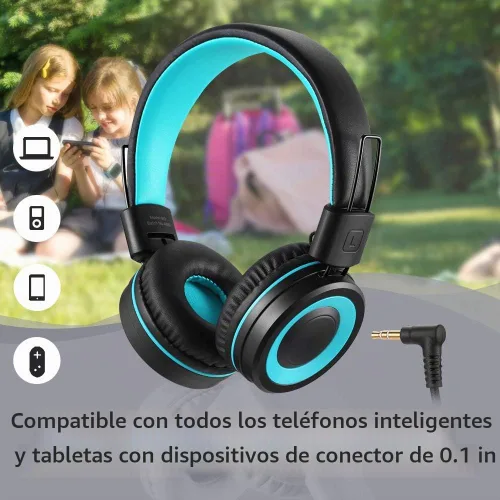 Vista 3 de POWMEE M3 - Auriculares para niños con micrófono, ligeros, plegables, ajustables, estéreo, con graves con cable de 4.3 ft sin enredos para Negro