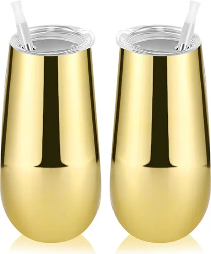 Vista 17 de Paquete de 2 vasos de champán sin tallo, vaso de flauta aislado de 6 onzas, vasos irrompibles de doble aislamiento para amigos, cumpleaños, Navidad
