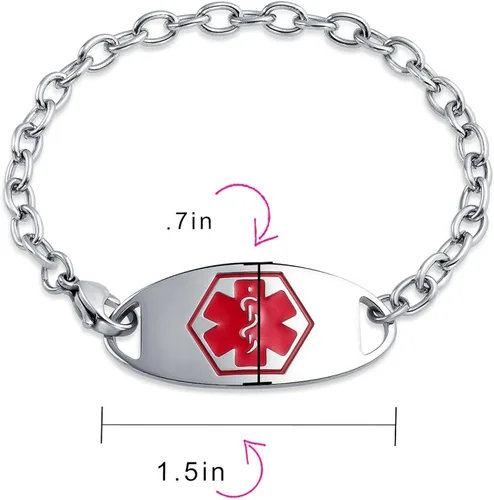 Vista 4 de Pulsera personalizable de identificación de alerta médica con identificación de alerta médica para mujer, acero inoxidable, 7.5 pulgadas