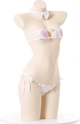 Vista 2 de SINROYEE Bikini sexy de vaca para mujer, traje de Lolita Maid, brasier y calzón kawaii, lencería de anime japonés